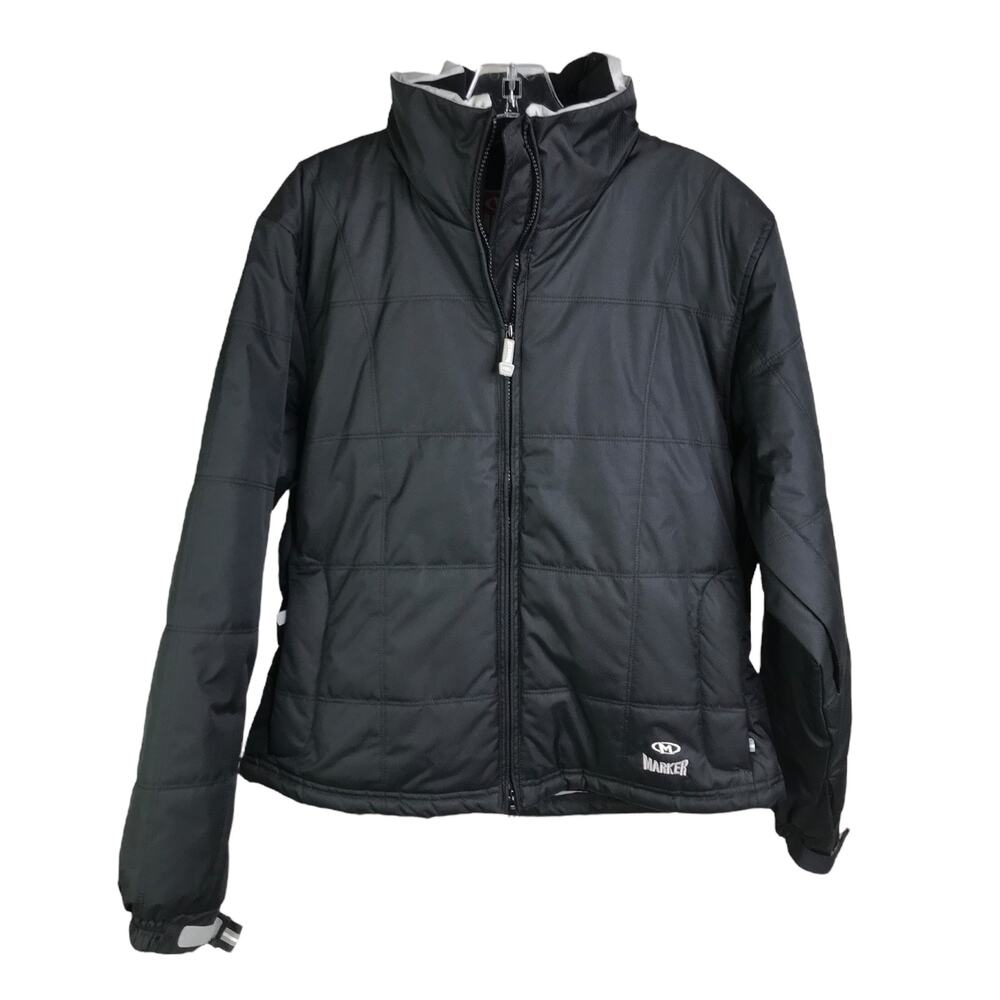 Marker Ski‎ Jacket Women 8 Black Gray Trim Hidden Hood Full Zip Pockets